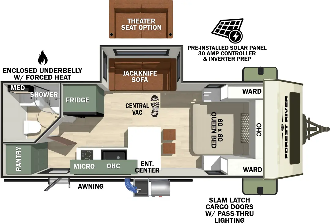 The No Boundaries NB19.6 floorplan has one entry and one slide out. Exterior features include: fiberglass exterior, 16' awning and outside kitchen. Interiors features include: front bedroom.